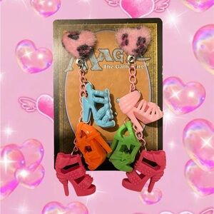Kawaii Colorful Charm Earrings with Pink Fuzzy Hearts